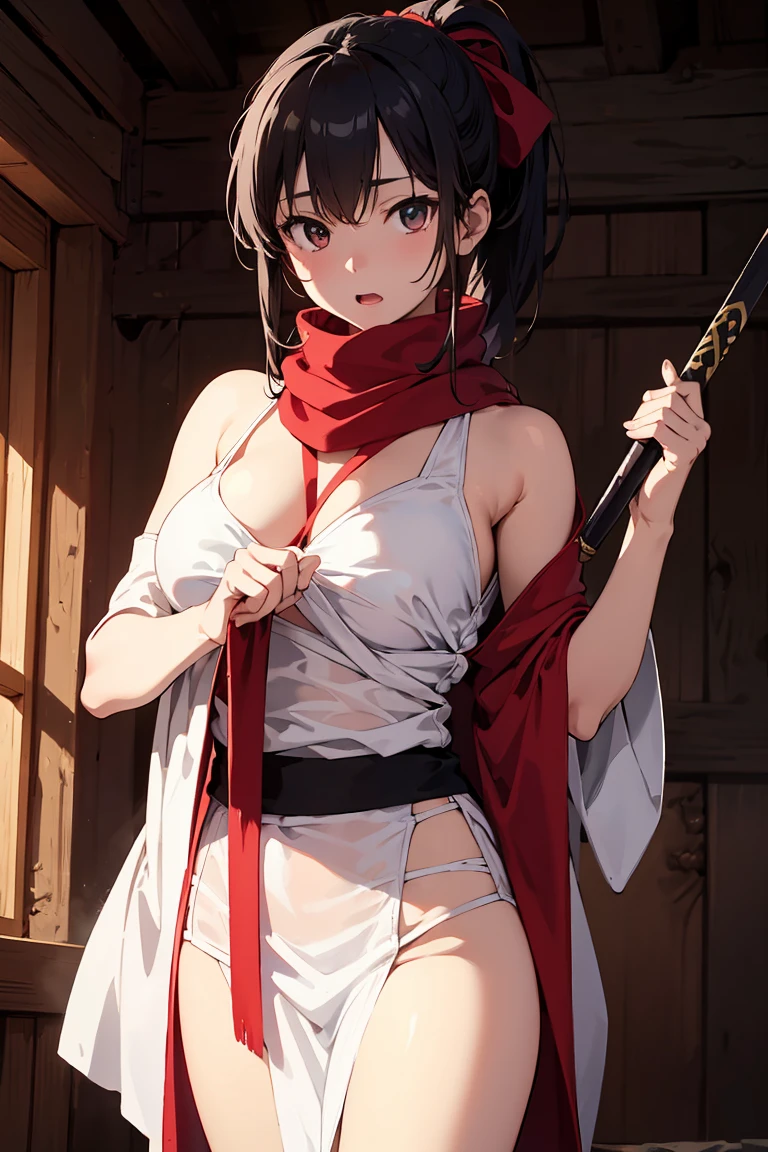 a girl with a large waist and big tits, her body marked in her clothe, she smilling.