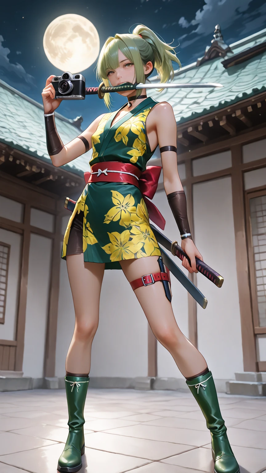 AppleJack, Applejack from my little pony, big breastes, Lush breasts, closed clothing, elastic breasts, exuberant hair, straight hair, red elastic band on the hair , smirk, serious face, Katana in hand, big iron katana, very long katana, emphasis on the sword, shiny sword, view from bottom, Foreshortening from the ground, fishnet stockings, apple hairpin, Green Outfit, a lot of green and red, beste-Qualit, Very detailed, Japanese farm, the trees, Apple trees , viste traje de maid sexy color ????? 
