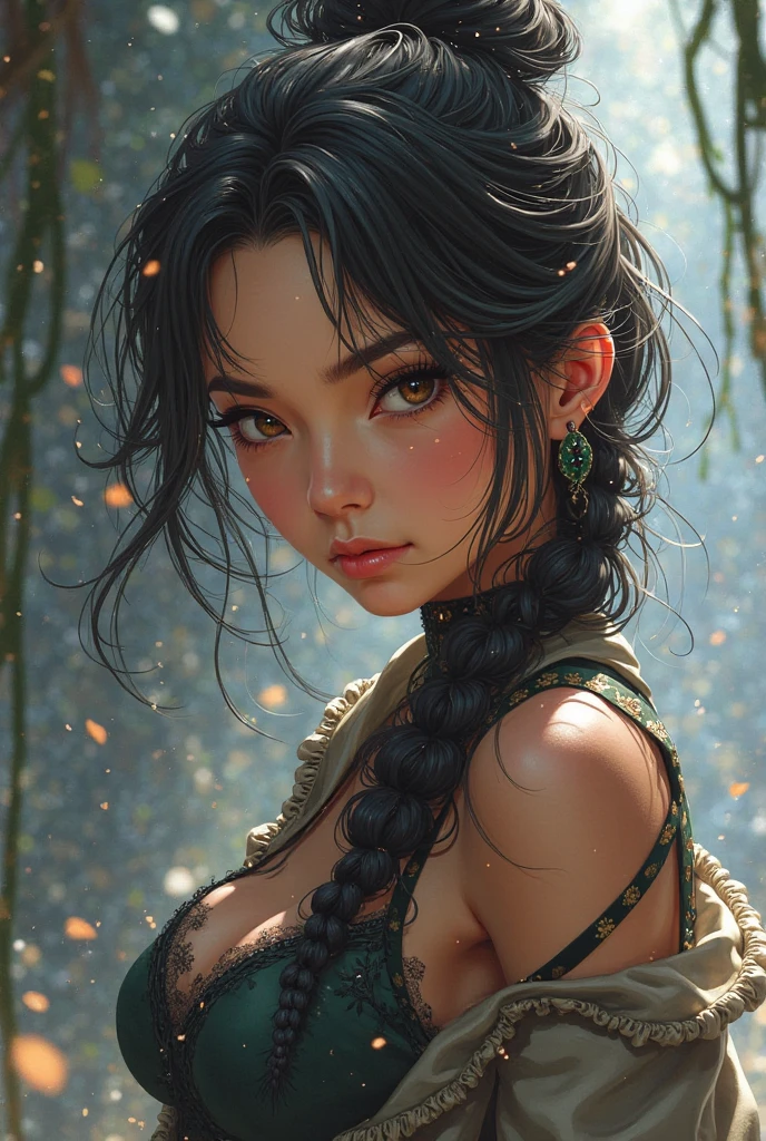 a white girl, bust, Alone, Upper part of the body, very short shaved haircut, black eyes, black fur, choker, NSFW, (japanese clothes:1.3), huge breasts, open breasts, pechos nakeds, exposed breasts, naked, bare shoulders, Masterpiece, Very detailed, look at the viewer, (blurred background, smoothed background, green sky background:1.3), cara sigma, cunning face, front view