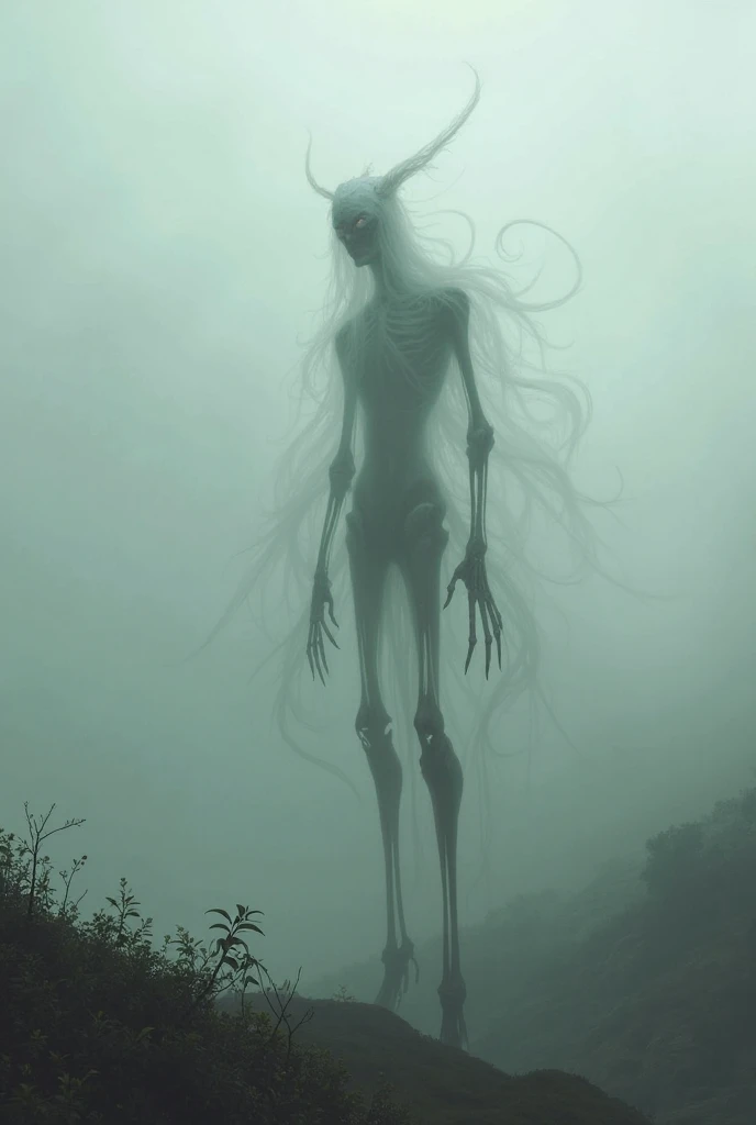 A Japanese ghost with a very long neck is stretching its neck to eat a dead deer.