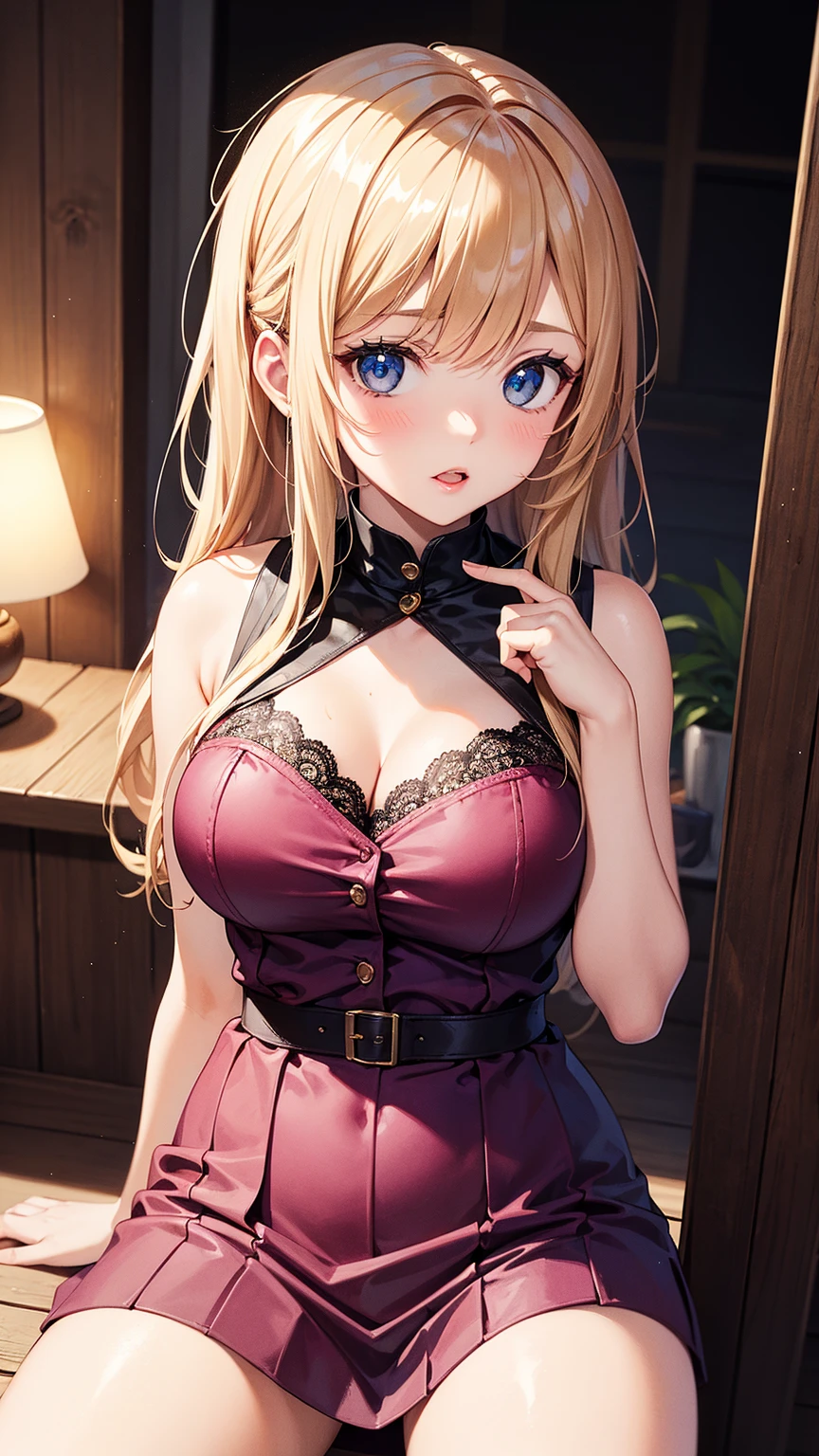 debris flies, highest quality, Highly detailed CG Unity 8K wallpaper, sexy witch , long dark blonde wavy hair、off shoulder knit, dark blue pleated skirt, stockings、medium breasts, saggy breasts, Pose that emphasizes the chest, blush, shy smile, bare shoulders, (red lace panties、((open your legs wide、please open your knees))）、、nice magic book、church bed、lying in bed、、red bra