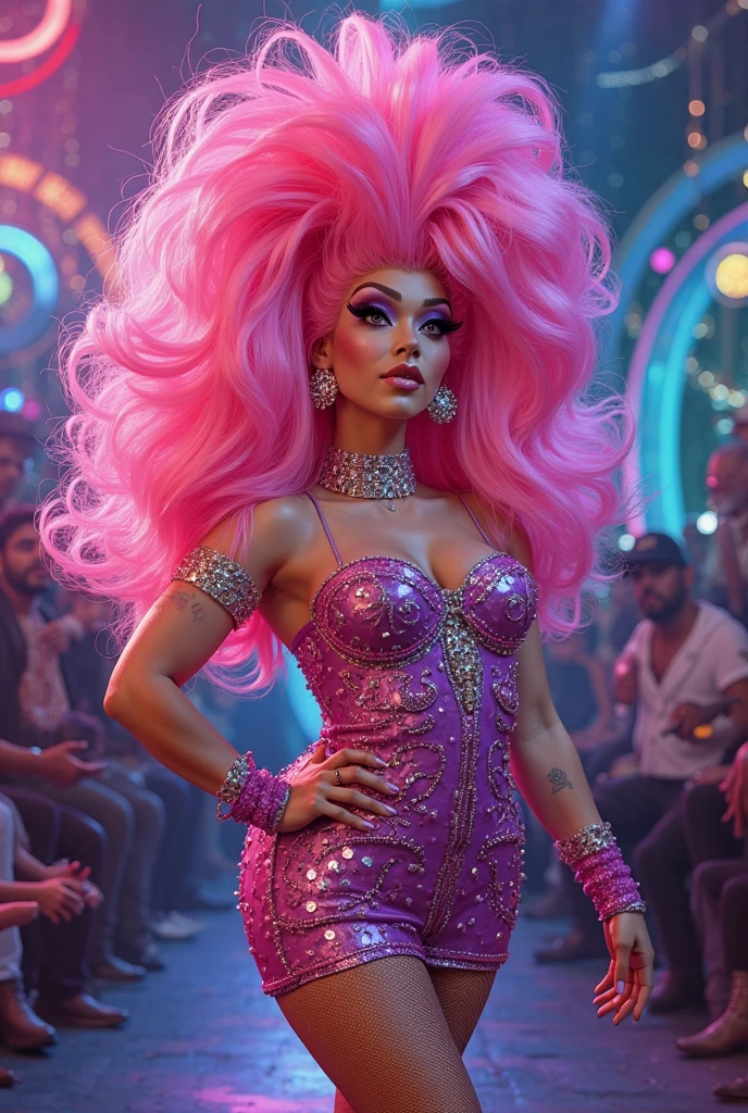 Lady GaGa vestido negro con neon,extravagante,textura 4K,Realistic and sharp face, cabello largo y de colores, calidad alta, cuerpo completo,varias poses corporales,peinado extravagante, Original album cover, imagen 8k, futurista, alta calidad de imagen, en la noche, accesorios en el cabello, imagen 8k, rostro realista en alta calidad, cuerpo completo, diferentes poses corporales, alta calidad en el rostro, rasgos definidos,HD, rostro realista y definido 4k