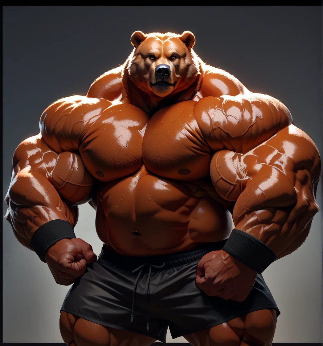 solo, 1boy, perfect anatomy, perfect proportion, smile, grinning, big eyes, happy. Huge Muscular Old grizzly bear, short hair ,(white shorts), view from side, pectoral, thick arms, huge pectoral, wide pectoral, white hair, white beards, huge brown fur, simple background, masterpiece, semirealistic:1.2, high detailed, 8k, high resolution, perfect center, full view. ((really big muscle, massive muscular, sixpack, thick arms, wide pectoral, super huge muscle, hyper muscular, over sized muscle, brown furry arms, bear paws, huge arms, big arms, huge pectoral))