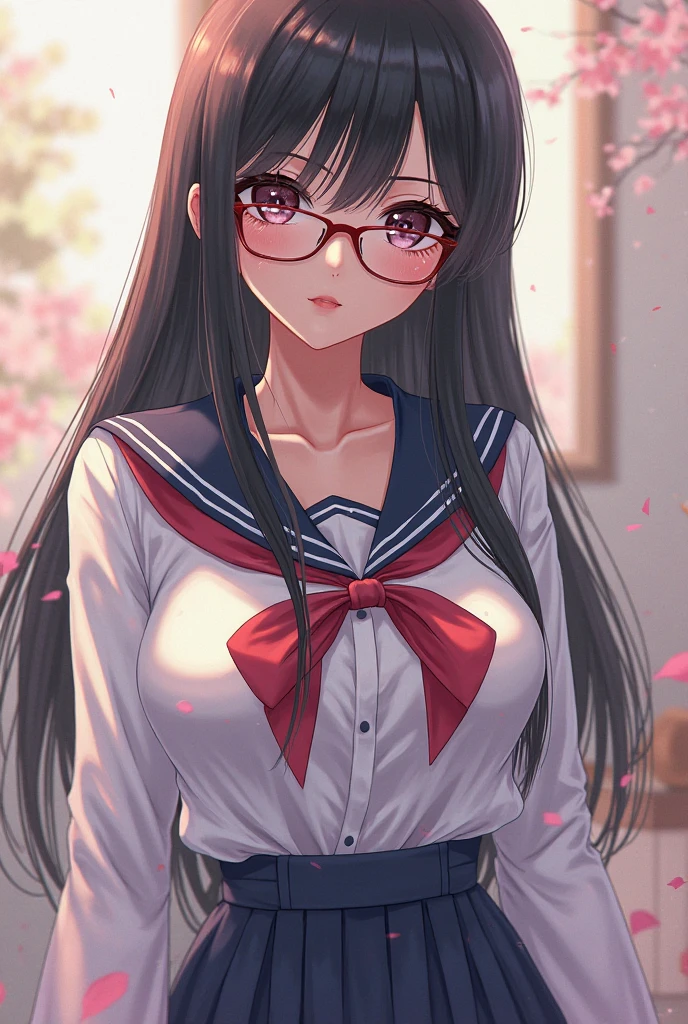 highest quality、High resolution、Detailed Background、(Beautiful face in every detail:1.4)、Anatomically correct、Cute hair colour、Teenage Girl、Glasses、Sailor suit、classroom、(A girl looking back from directly below.4)、(Underboob:1.2)、Cute gestures、A big smile