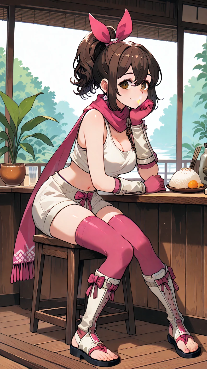 A brown-haired girl wearing a cape eating poke in a Hawaiian restaurant Wearing sneakers High leg shorts with suspenders Large Breasts Showing her belly button Ultra low rise Knee-high socks I can see your pants Tube top