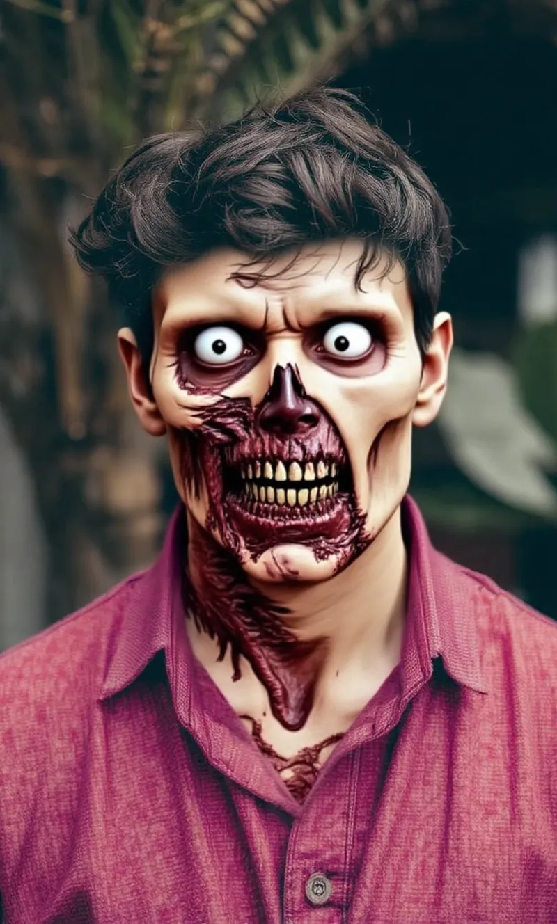 I want a character with a grotesque and terrifying human appearance 1.	hair: Messy and dark colored, made with materials that look like paper or fabric, giving it a scruffy and unkempt appearance.
	2.	eyes: Only has one visible eye. This eye is big, of a yellow tone, with a fixed and penetrating expression. The other eye is absent, leaving a bleeding hole where it should be, with details of exposed flesh.
	3.	face: The skin is pale, with dark, bloody stains spreading around the wounds. The eyebrows are outlined and slightly arched..
	4.	nose: It is small and triangular in shape., located in the center of the face.
	5.	boca: Part of the mouth is destroyed, showing sharp and bleeding teeth. The rest of the mouth has a neutral expression., but the exposed part reveals a serious wound that highlights its sinister appearance.
	6.	barba: Has light facial hair, with a shadow of a beard that is barely noticeable.
	7.	CLOTHES: He wears a red and black checked shirt, which contrasts with the paleness of her skin.

In general, the figure has a creepy appearance, with several open wounds exposing his flesh, giving it a monster or zombie look.