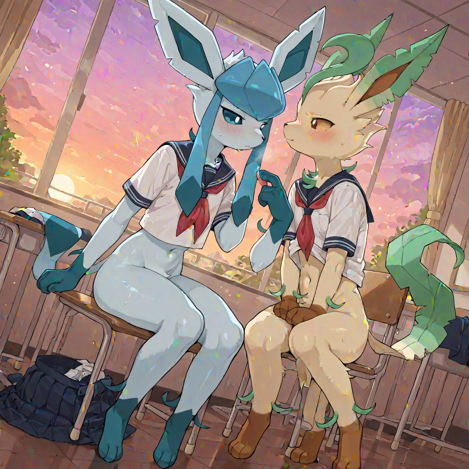 duo, girls, mlsn, pink fur, bob cut,pink hair, blue eyes, hat, coat, hands on own cheecks, juicy vagina, leaking pee, open vagina, kissing together, NSFW, open legs,