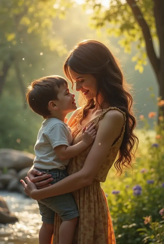 Take a photo if a fair-skinned woman, Bblack hair, with a son in her arms, with fair skin and blonde hair