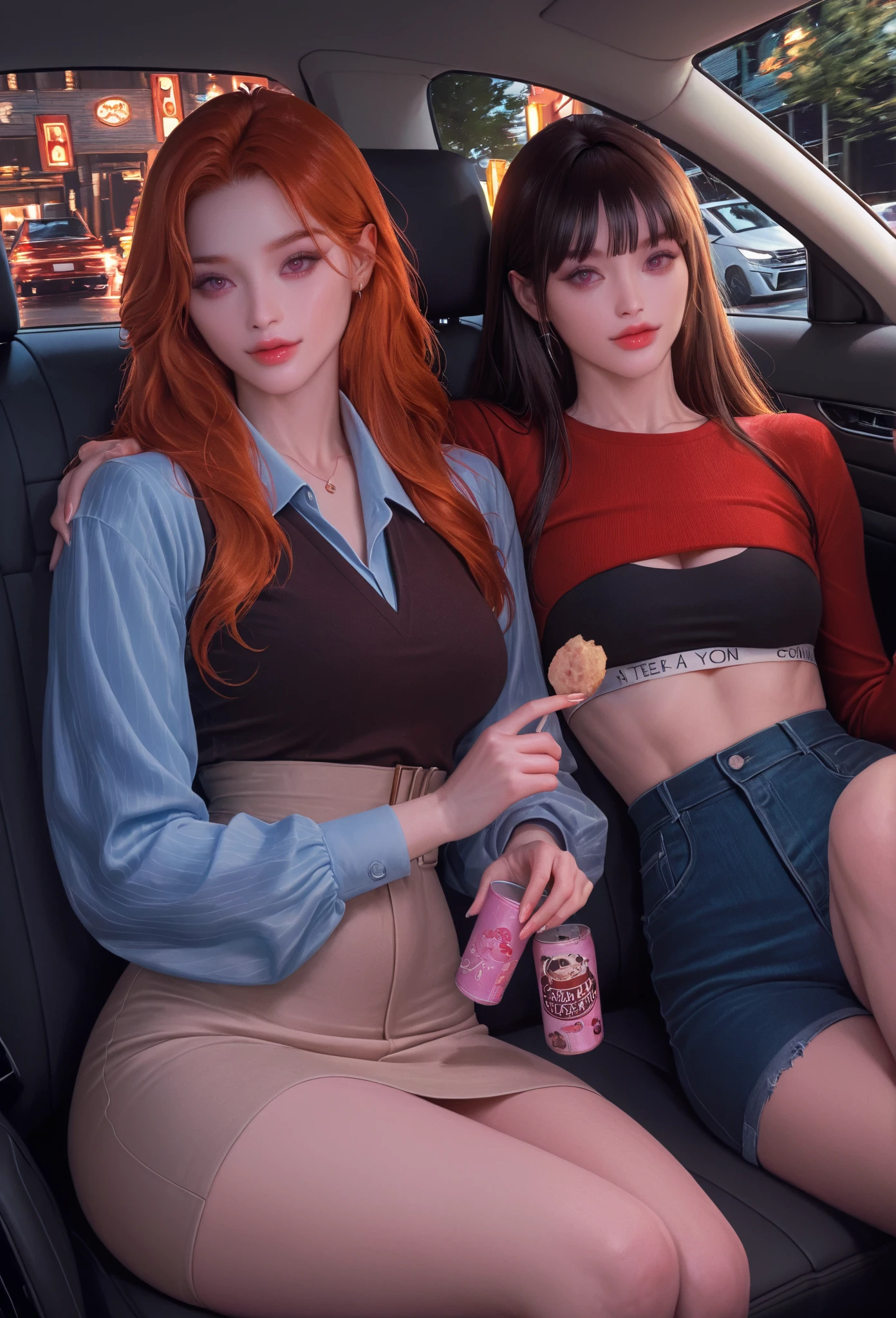 1 beautiful woman, leather jacket, red hair, short miniskirt, low-cut polo shirt, made-up eyelids, sleeping with her mouth open, nice breasts, sleeping on a bus, tight jeans, high boots, drooling