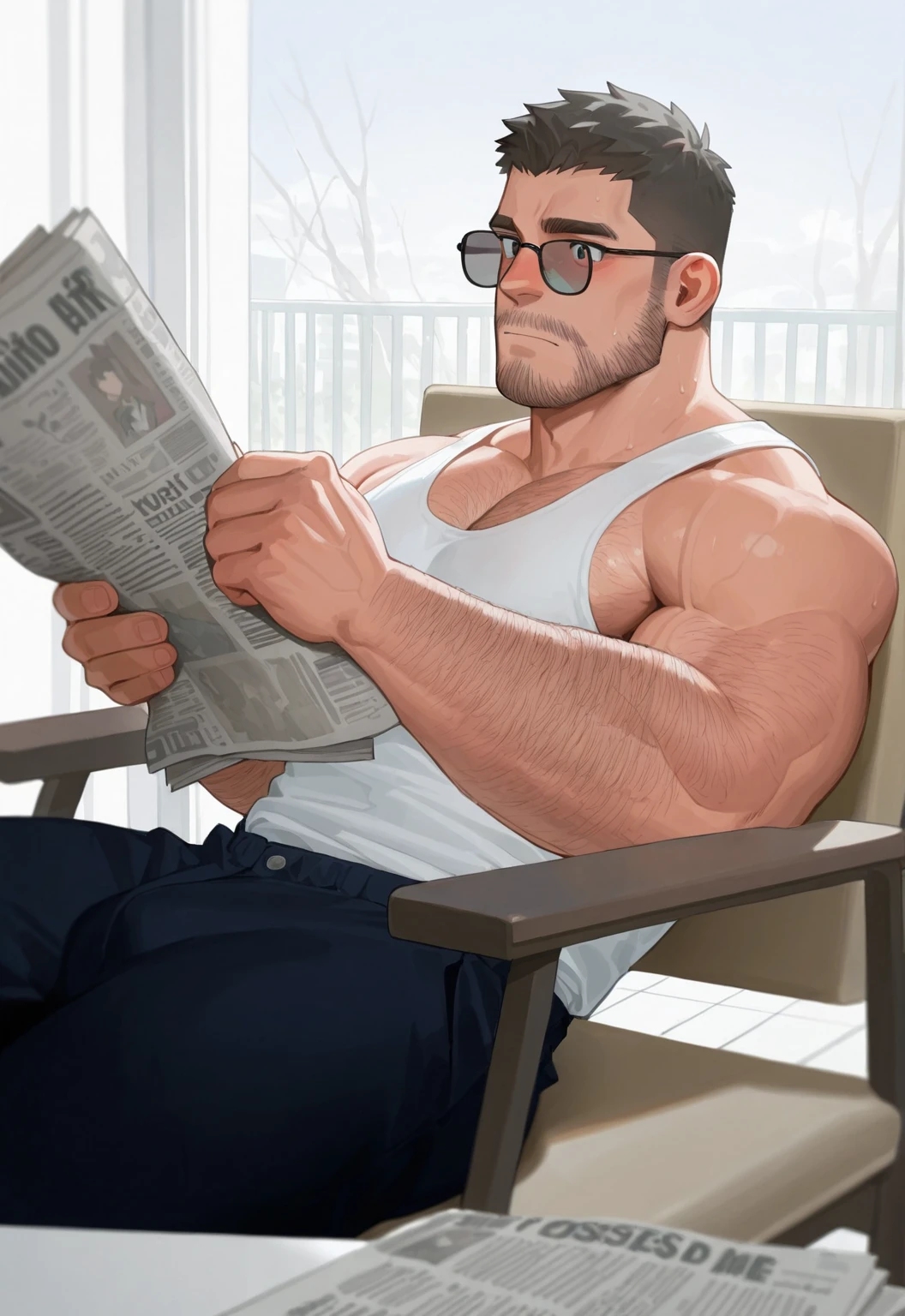 Highly detailed, High Quality, Masterpiece, beautiful, TomReadingTheNewspaper, <lora:TomReadingTheNewspaper:1>, gigachad, <lora:Char_Sigmas_GigaChad:1>