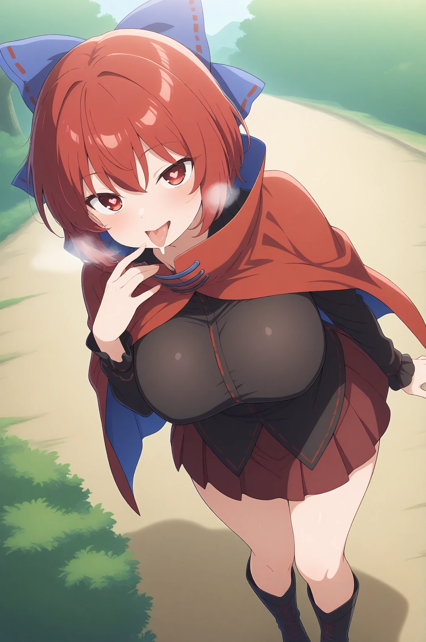 Red hair, green eyes, Anniedef, short hair, naked, white background, smoll stature, flat cheast, flat tits, show pussy, unclothed. medium thighs, small breasts, 1 girl, one girl, Open mouth, small stomach, curvy waist, round butt, show tits, small belly, clear skin, 1 girl, cute girl, smoll tits, curvy waist, good butt, (panty pulling), blue t-shirt, black eyeshadow, fake bear ears, long white and rose stockings, angry, one girl, pink pussy, forest, show butt, pinks backpack, open legs, 1 girl, 1 girl