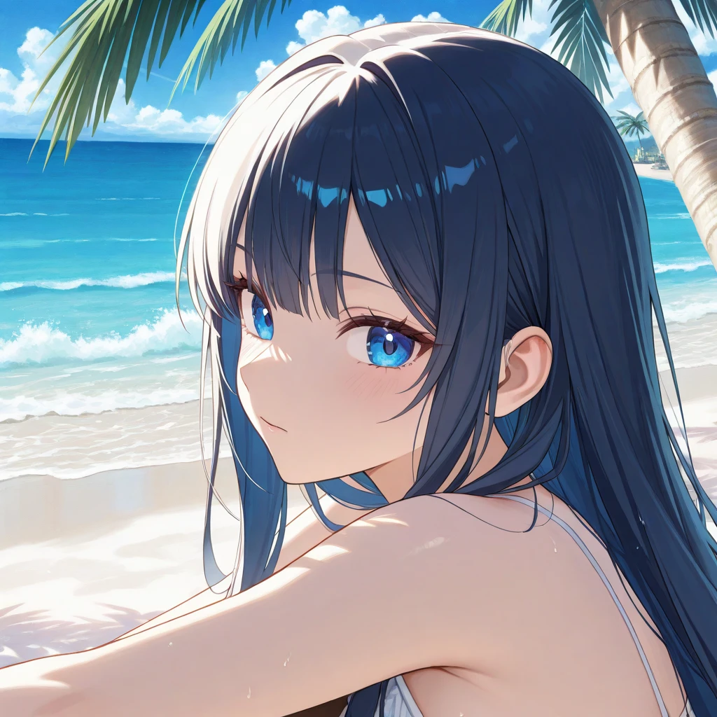 Highest quality、Highest quality、masterpiece、(8k),beauty(Age 25)、Navy blue long hair(Braiding of the sides)、blue eyes、Completely naked、Nipples、Big cleavage、(Big Breasts)、smile、blue necklace、Blue Earrings、background(Beach)、Please open your mouth wide、bracelet、Arch Pose、Blue choker