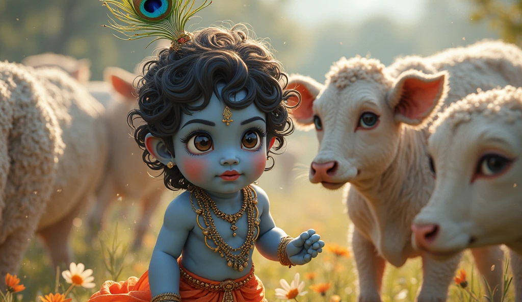 Realistic newly born lord krishna wearing beautifull clothes and all his accesories and is in hands of a 5'10 and skinny boy with clean shave face and brown skin colour wearing a jordan logo printed in front yellow hoodie and black cargo jeans and nike shoes (both are surrounded by baby cows) (beautiful) (flowers on ground)