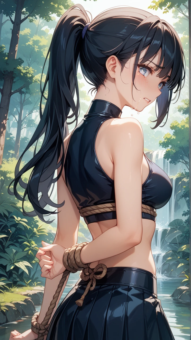 ((masterpiece, highest quality, High resolution, Hmm, Pixel perfect, Depth of written boundary, 4k, RTX, HDR))), 1 Girl, single, alone, Beautiful Anime Girls, Beautiful art style,anime character, ((Long Hair, bangs, Black Hair, ponytail:1.5)), (Brown eyes:1.4, Round eyes, Beautiful eyelashes, Realistic eyes), (Detailed face, ), (Smooth texture:0.75, Realistic texture:0.65, Realistic:1.1, Anime CG Style), Medium breast, (Perfect body ,(Black Tube Top), mini skirt, smile, Filmed in a tunnel, Submerged in water
