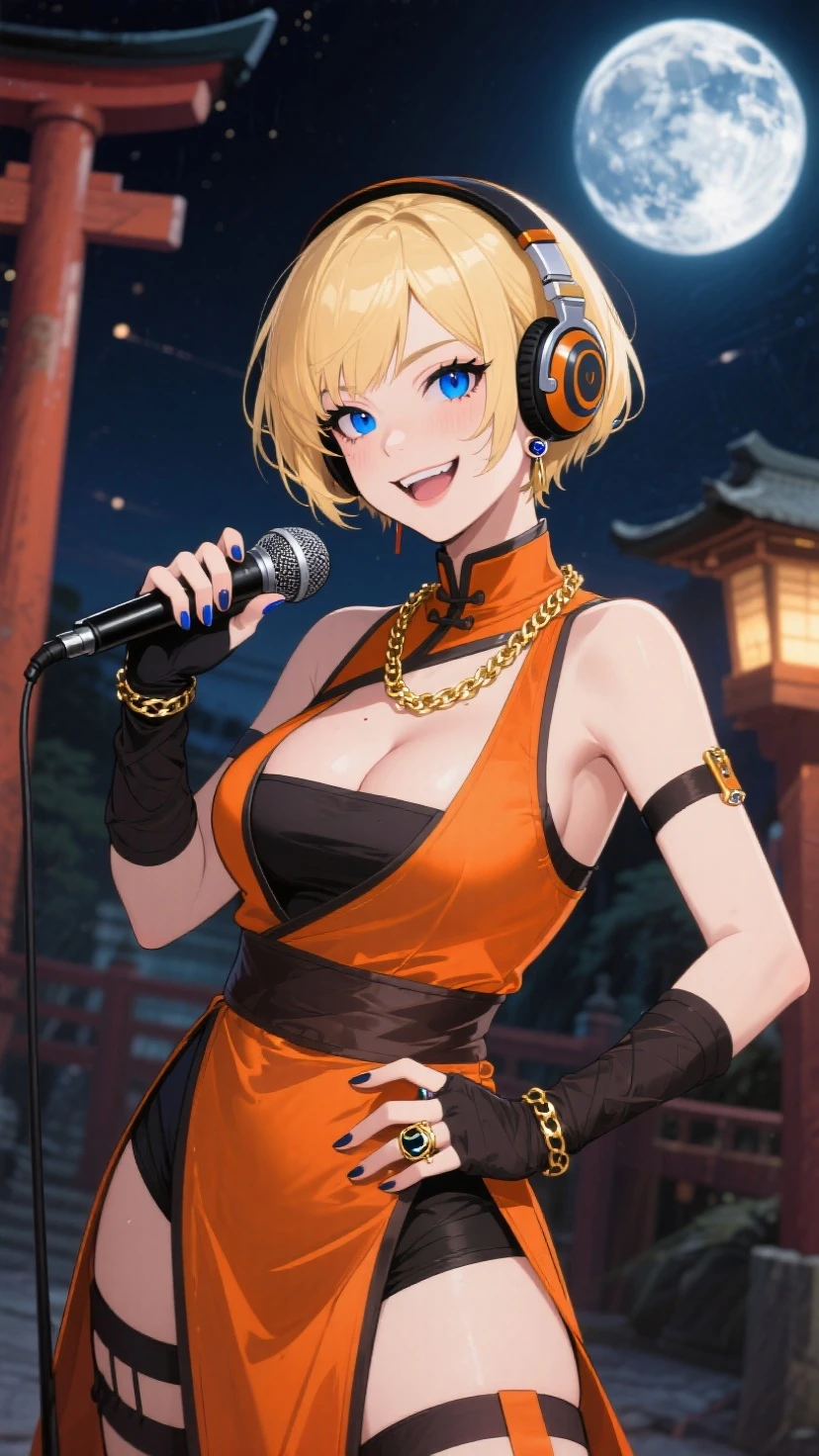 ((top-quality)), ((masterpiece)), ((ultra-detailliert)), (extremely delicate and beautiful),1solo,1girl,smoke,smoking pipe,(((yellow glasses:1.3))), (headphone:1.2), short hair, blunt bangs,japanes Festival happi coat twisted headband,cowboy_shot,eyelashes,nail polish,medium breasts, clavicle, cleavage, bare arms, shiny hair, lustrous skin, (midriff),makeup,ct-style,