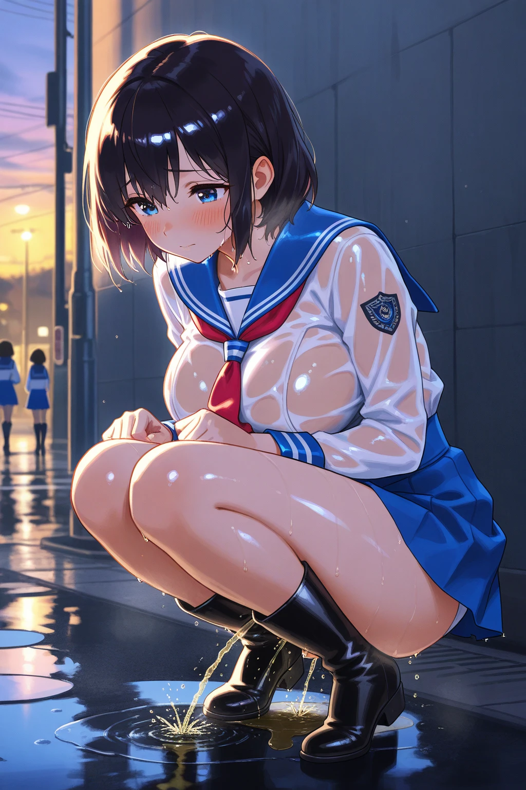 Lesbian、Sailor suit、Glasses、Pleated skirt、Hold out panties with both hands、(To pee:1.8)Panties as a gift、Nipples、Sailor suit、Pleated skirt、Nipples