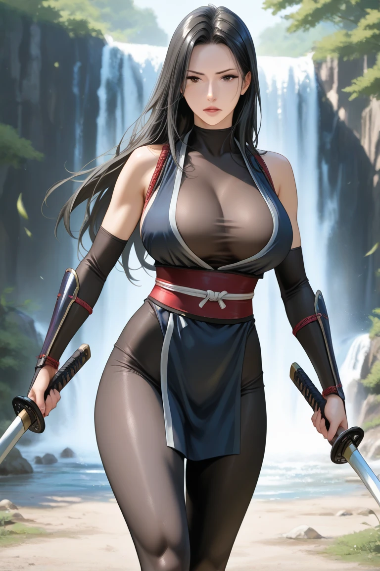 realistic, 1girl, high quality fingers, normal hands, detailed fingers, masterpiece, (realistic, photo-realistic: 1.37), realistic, 1girl, long hair:1.5, black hair:1.2, red eyes:1.5, bright eyes, mortal kombat, ninja, blood, scar, weapons, kimono, dress, mortal kombat suit, large breasts, fighting pose, serene look, temple, meditation, injuries, ninja mask, cover half of face, (sweat: 1)