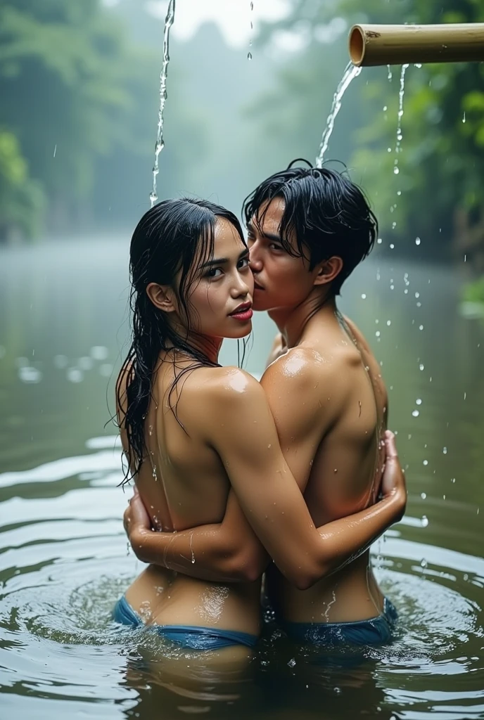 One female elf and one handsome man embracing in water, bodies pressed together, ((kissing, open mouth)), pornographic, (he has an erection), ((he is her from behind:1.3)), (he is holding her hips), (penetration), lively, in water up to their chests, masterpiece, best quality, highres, hmsl1, hair flower, x hair ornament, naked, flower, standing, soaked, drenched, splashing, dripping wet, caressing, cupping breasts