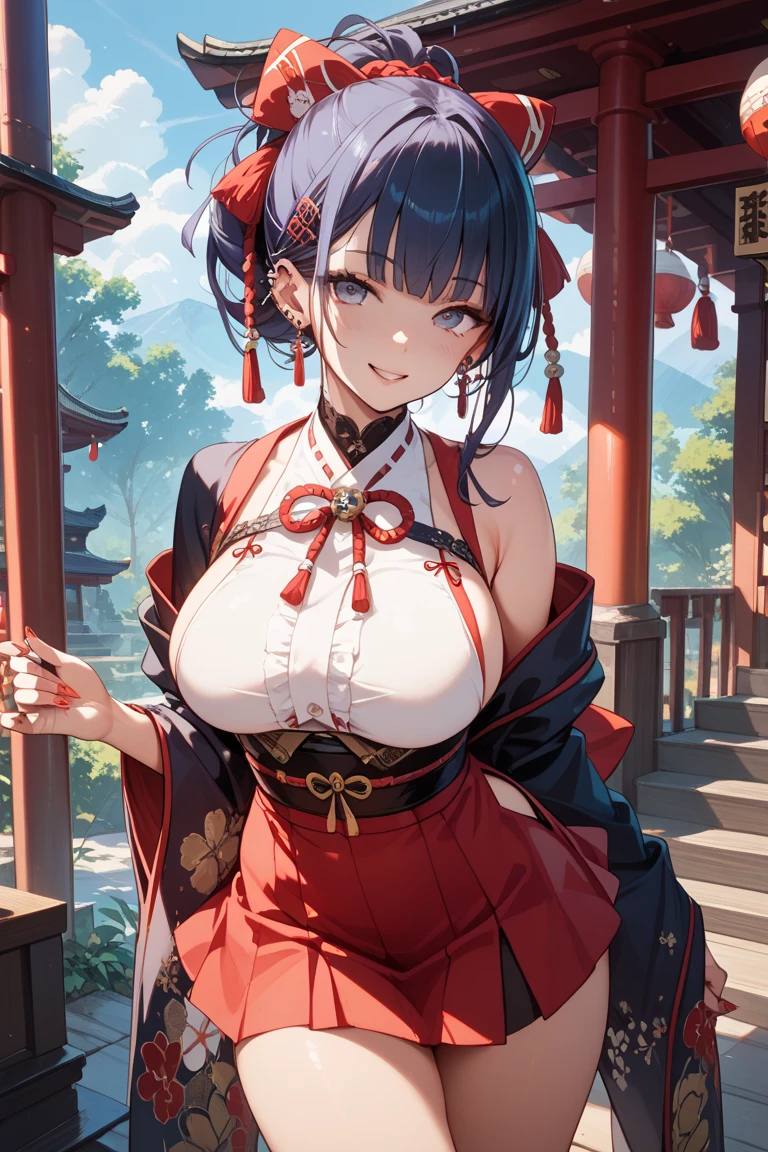 (bluish navy hair:1.2),(short-cut:1.2),(Light red eyes:1.25),(With bangs),(First visit to a shrine:1.25),(colourfull:1.2),(Staring at me),(Japanese pattern clothing:1.4),(accessories like flowers and crystals:1.3),(Lower breast:1.5),(Transparent double sleeve long sleeves:1.5),(chest protruding from clothes,:1.4),(huge smile:1.3),(Smile with open mouth:1.35),(kawaii pose:1.35),Slight red tide,(Kamimei),(Close-up of face 1.7),(black and red and blue and purple:1.25),(front view:1.6),