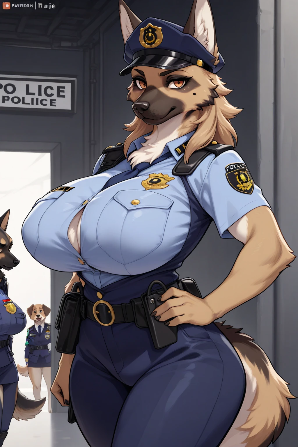 Draft Sketch (nsfw)))), uploaded the e621, beautiful and detailed,woman (((female))) ((anthro)) hyena, Ross Tran, by ruan jia, by zaush, by foxovh, lighting cinematic, seductor, hyena, thighighs, (huge chest) foxovh 1girls ai_generated masterpiece:1.2, best quality, realistic, (real picture, intricate details, depth of field), beautiful blonde woman, she has striking blue eyes, highly-detailed, perfect face, (huge breasts:1.3), (skindentation), thick thighs, wide hips, small waist, tall, (huge ass:1.1), blushing, sexy, wearing tight slim tiny erotic police red dress, nsfw ponytail hair, hair black with highlights red, ponytail fishnet red in bouth legs completly (police t-shirt) (police-mini-skirt) (police-bra) (logo-police-clothes) (tiny skirt visible panties) (irresistible) (naughty face) huge pinky hard harder pulsing