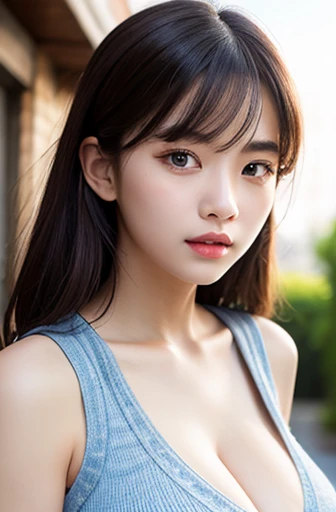 finely, High resolution, high quality、完璧なダイナミックな構figure, beautiful and fine eyes, medium hair, 、natural color lip,Kamimei、Shibuya Ward、20 year old girl、1 person、transparent skin、shining hair、Ocean, 最high quality, figure, super detailed, finely, High resolution, 8K、correct state of the human body、squat、hair flying in the wind、small breasts、camisole、Angle from above、upward glance、chest、nipple
