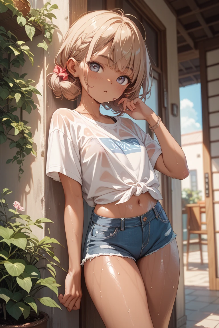High definition anime style beautiful girl。Japanese junior high school student、White tank top and white shorts。Light brown bob hair。Small breasts。Brown Eyes。A school playground on a hot summer day。Sweating a lot、Wipe the sweat from your forehead with your hand。