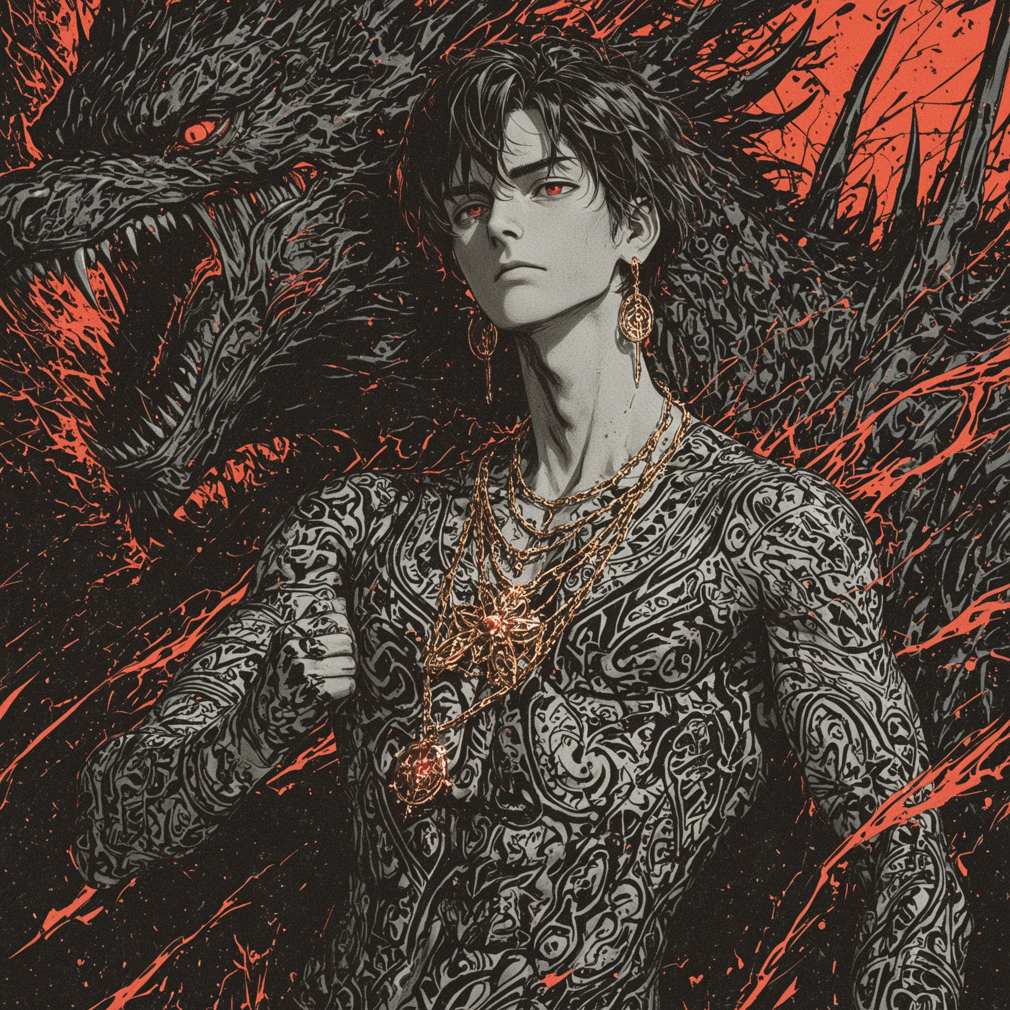 best quality,masterpiece,Ultra-high resolution,1 person,looking at the audience,one,Yamamoto Takashi style,Countless black evil black dog beasts surrounded him,
simple background,White_background,Machinery Division,Exoskeleton,Cold-blooded adult man,toughboy style, Shirtless,trousers, muscle, tattoo