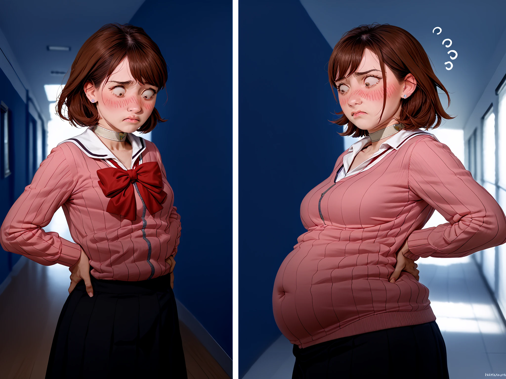 ()weight gain sequence
before and after
multiple views
Sad and embarrassed 
 (thought bubble thinking about her own breasts:1.2) (leaning back),yukaridef, gekkoukan high school uniform, pink cardigan, red bow, long sleeves, black skirt, earrings, white choker Best Quality, High resolution, Full body, , in a(narrow high school hallway) (), () ( (), (), (embarassed, embarrassment, embarassed blush) sunlight shafts, , perfect lighting, cinematic composition, highly detailed, photorealistic, 8k, best quality, masterpiece, (hands on back pose) (looking down at her own chest) (brown medium length hair)  