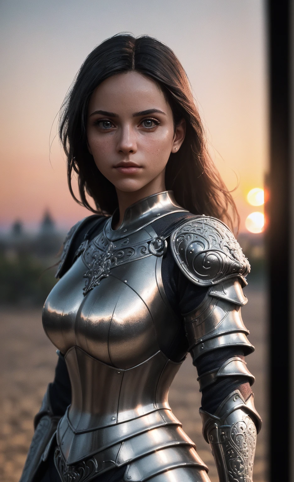 (masterpiece), (extremely intricate:1.3), (realistic), portrait of a girl, the most beautiful in the world, (medieval armor), metal reflections, upper body, outdoors, intense sunlight, far away castle, professional photograph of a stunning woman detailed, sharp focus, dramatic, award winning, cinematic lighting, octane render unreal engine, volumetrics dtx, (film grain, blurry background, blurry foreground, bokeh, depth of field, sunset, motion blur:1.3), chainmail
