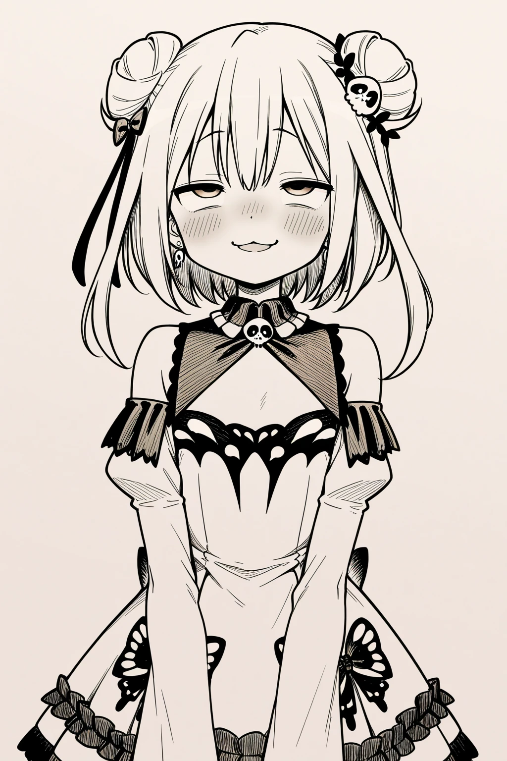 Momoko Sakura style, Kawaii Design,Chibi,2b, long_sleeves, gloves, dress, cleavage,black_gloves, puffy_sleeves, black_thighhighs, mole, black_dress, clothing_cutout, cleavage_cutout, black_hairband, juliet_sleeves, mole_under_mouth, blindfold, vambraces, covered_eyes, black_blindfold,anime,short_hair,sketch