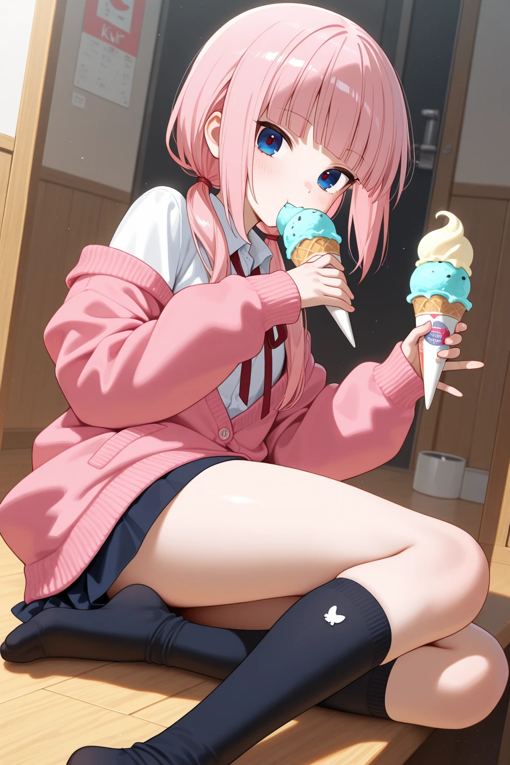 woman wide hips thick legs with long stockings wearing a jeanz shor white sneakers tight white t-shirt with low neckline in the park aeboles and dog animal up bed anime zero two pink hair eating an ice cream in the park