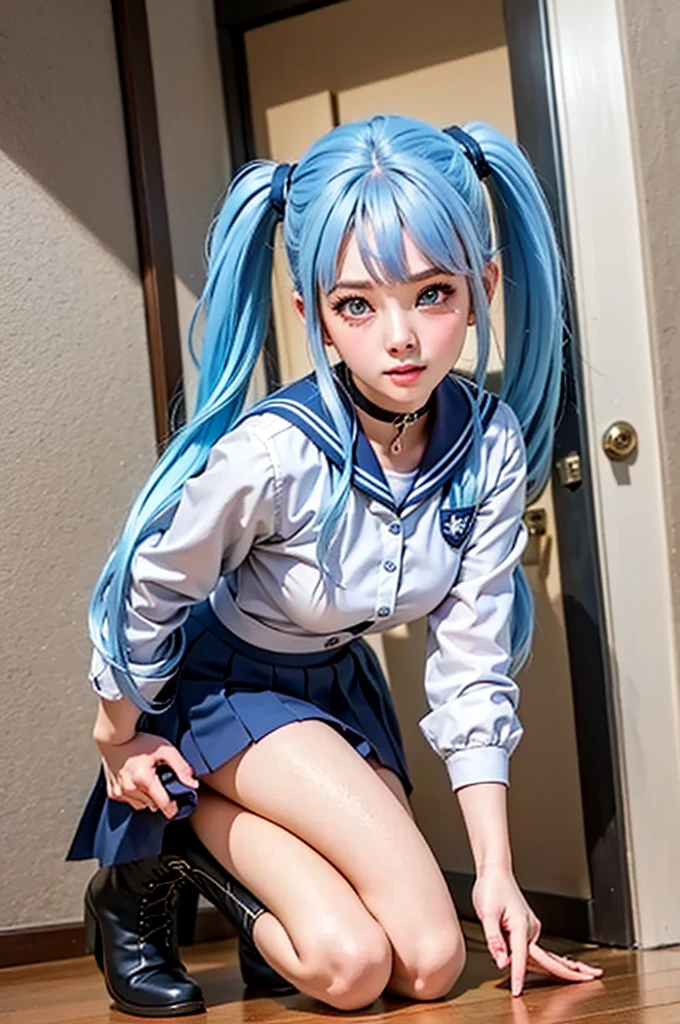 highest quality,ultra high resolution,1 girl,alone,whole body,snow,city,, blue hair,green eyes,JK,school uniform,
