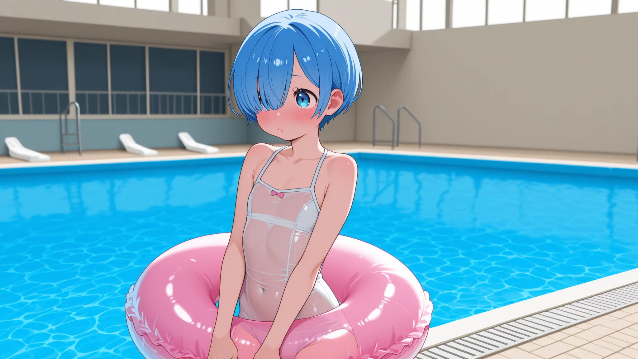 (Обои Unity 16K, Masterpiece, Best Quality, Ultra-detailed, extremely detailed CGI, caustics, Cinematic lighting, Detailed, beautiful detail eyes, 独奏,By the pool),extra high resolution, fine skin、Sexy,Kirby,NSFW, presence of small breasts, presence of gentials, blue eyes、Blue hair,Hair perm, blusher, Sexual,sitting, open your legs wide, pixie cut