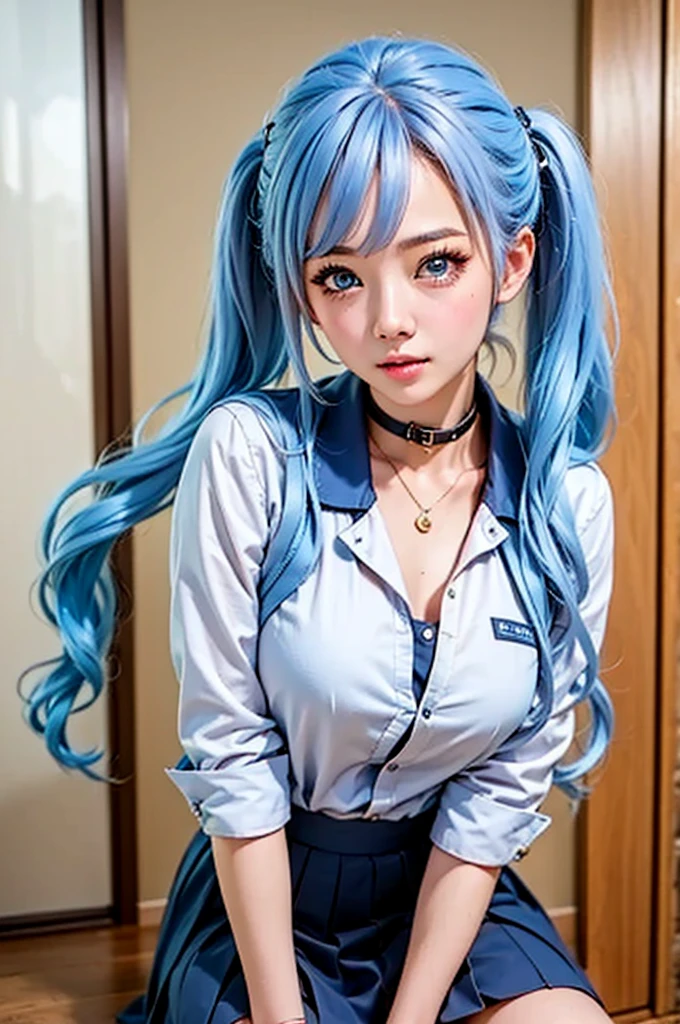 (tmasterpiece, The best_quality, ultra - detailed, 8K, hyper HD, flawless perfection:1.latin blue hair, blue hairs，cat woman,, Cat ears,  glowing pink eyes, the shy, Compliant, face flushed, Wet oily skin, on top of bed, The large胸老婆,  heart tattoo above, , The large腿粗, Beautiful hip curve, 巨The large, thicc, skin tight, scantily clad, Lace, collars, face to the viewer,  window, Bedrooms, midynight, sexy for,,Japan goddess, Cardigan shirt, Korean girls, 美丽的asiagirl, V-shaped bust clothes, low chest，巨The large，Expose the upper half of the chest，not compact，下垂的The large胸，gorgeous chinese models, gorgeous young korean woman, model in Japan, Thick lips，duck mouth，asiagirl, beautiful young korean woman, in blouse wearing, beautiful Korean women, 坐on top of bed, watching the future,巨The large，The large，Upp,frontal photos，super closeup,facing at the camera，Take photos carefully