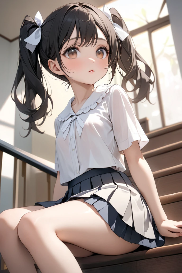 Girl seen from the floor, It's okay to wear a skirt, View from below, I can see my panties, medium breasts, ((Very detailed)), (Perfectly detailed face), (Highly detailed hands), Photorealistic images,White panty,up skirt,Lace panties,Not looking at the camera,Thin panties