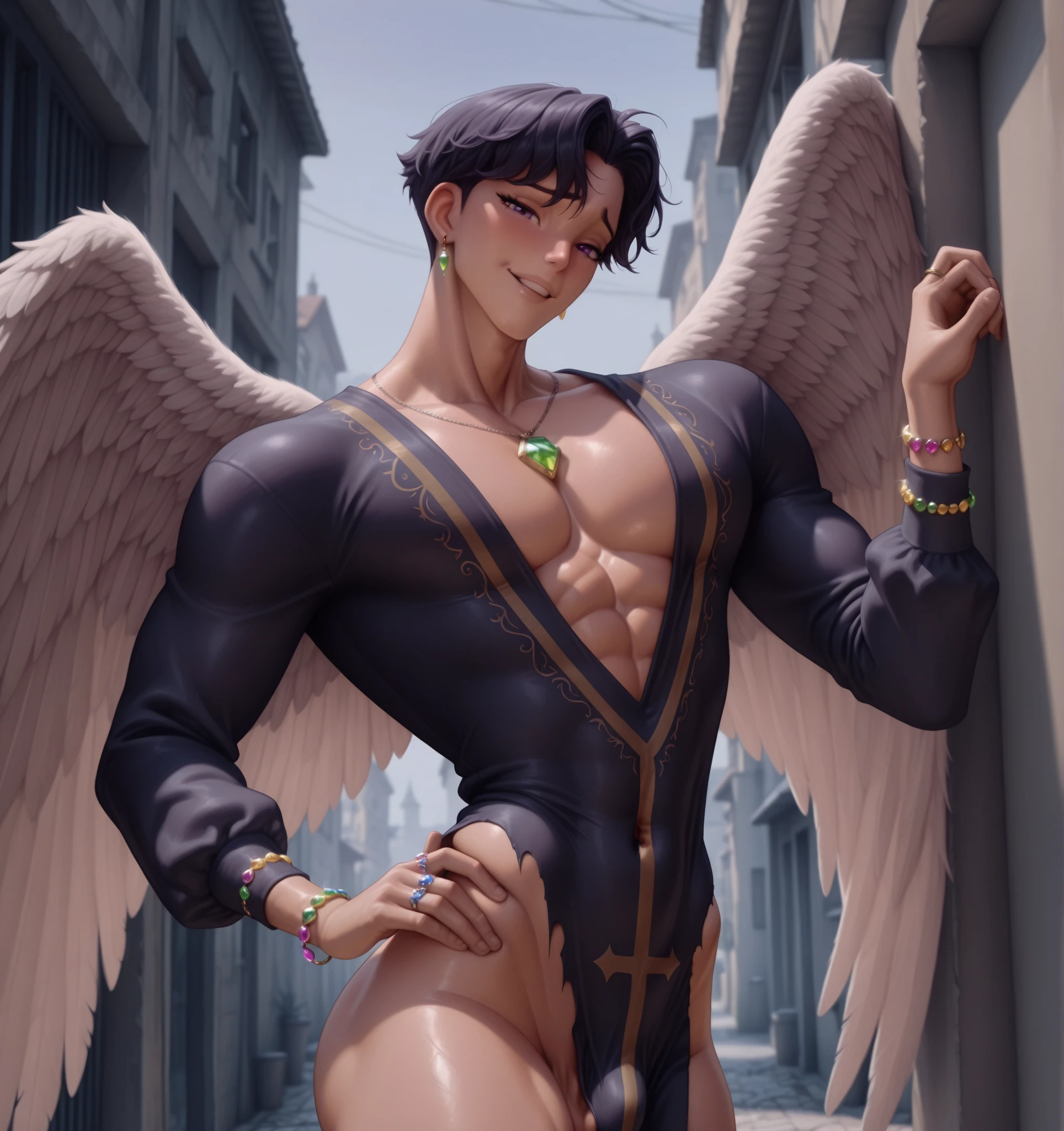 tight mini shorts, 19 year old, Tarzan((obra de arte, melhor qualidade, high resolution)) A handsome man with black demon wings, olhos vermelhos, Orelhas pontudas, muscular