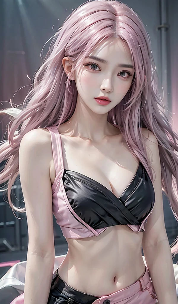(Masterpiece, best quality, 1 girl, alone, complicated details, Chromatic aberration), realistic, ((Moderate breath)),long hair, pink hair, Red headpiece, Pink Highlights, hair on one eye,purple eyes, earring, sharp eyes, choker, Not wearing a shirt,have big breasts, crop top, (symmetrical eyes),(Perfect symmetrical body),against the wall, Brick wall, graffiti, The light is dim., alley ,Look at the viewer.