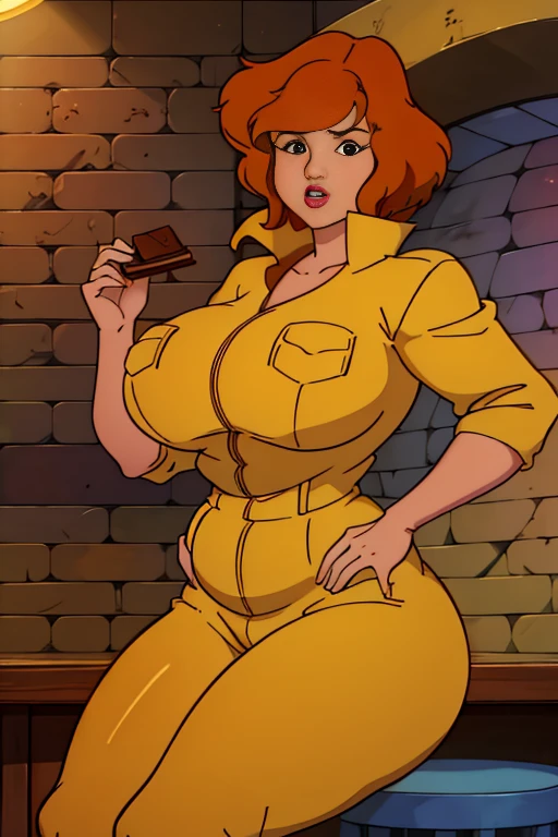 April O'Neil, hot sexy girl with short brown hair, big ass, thick legs, big nude tits, yellow tight jumpsuit