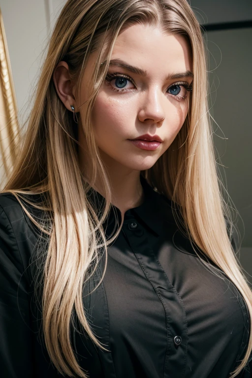Kruzadar woman wearing a wedding dress while sitting at a dark oak table, blonde hair, blue eyes, long hair, hyper realistic, 4k, masterpiece, beautiful, facing the viewer, headshot, ((white skin)),