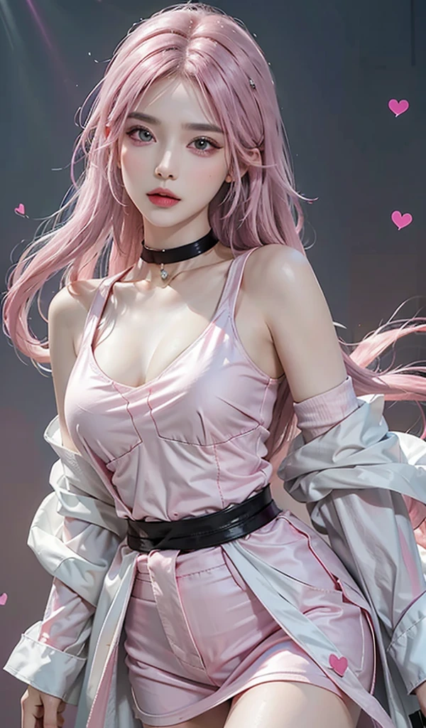 (8K, RAW photo, Photorealistic:1.25) ,( Gloss on lips, eyeslashes, gloss face, Glossy glossy skin, Best quality, 超高分辨率, Depth of field, color difference, Caustics, Broad lighting, naturalshadow, Kpop idol) tmasterpiece，Best quality，Portrait of 1girl，((best qualtiy)), ((tmasterpiece)), (the detail:1.4), 3D, hdr（HighDynamicRange）,Ray traching,NVIDIA RTX,Hyper-Resolution,Unreal 5,Subsurface scattering、PBR Texture、post-proces、Anisotropy Filtering、depth of fields、maximum definition and sharpness、Many-Layer Textures、Albedo e mapas Speculares、Surface coloring、perfectly proportions、rendering by octane、Two-colored light、largeaperture、Low ISO、White balance、the rule of thirds、8K raw data、Raised translucent top, Smaller top, Smaller black lace shorts, Raised, Mature feminization, Flattering eyes, Vivid red lace translucent bra，Flat bare abdomen, Snow-white thighs, White lace stockings, Bare arms, Mature charm deep V open neck,Long shiny pink hair, Red lace translucent shorts perfect figure