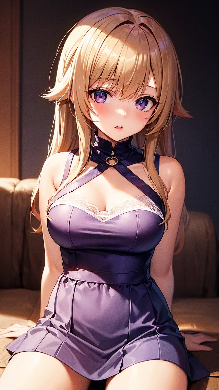 (masterpiece, best quality, absurdres), high quality, highres, ultra detailed, intricate, cinematic lighting, wallpaper, soft lighting, night, close-up, looking at viewer, beautiful woman, 1girl, parted lips, kei Karuizawa, small breasts, blonde hair, bangs, ponytail , detailed violet eyes, ((Super Realistic Detailed Eyes, glowing eyes)), tanktop, Cleavage, hand raiser, bangs, one hand side up, star-shaped pupils, arm raiser, peace sign hand