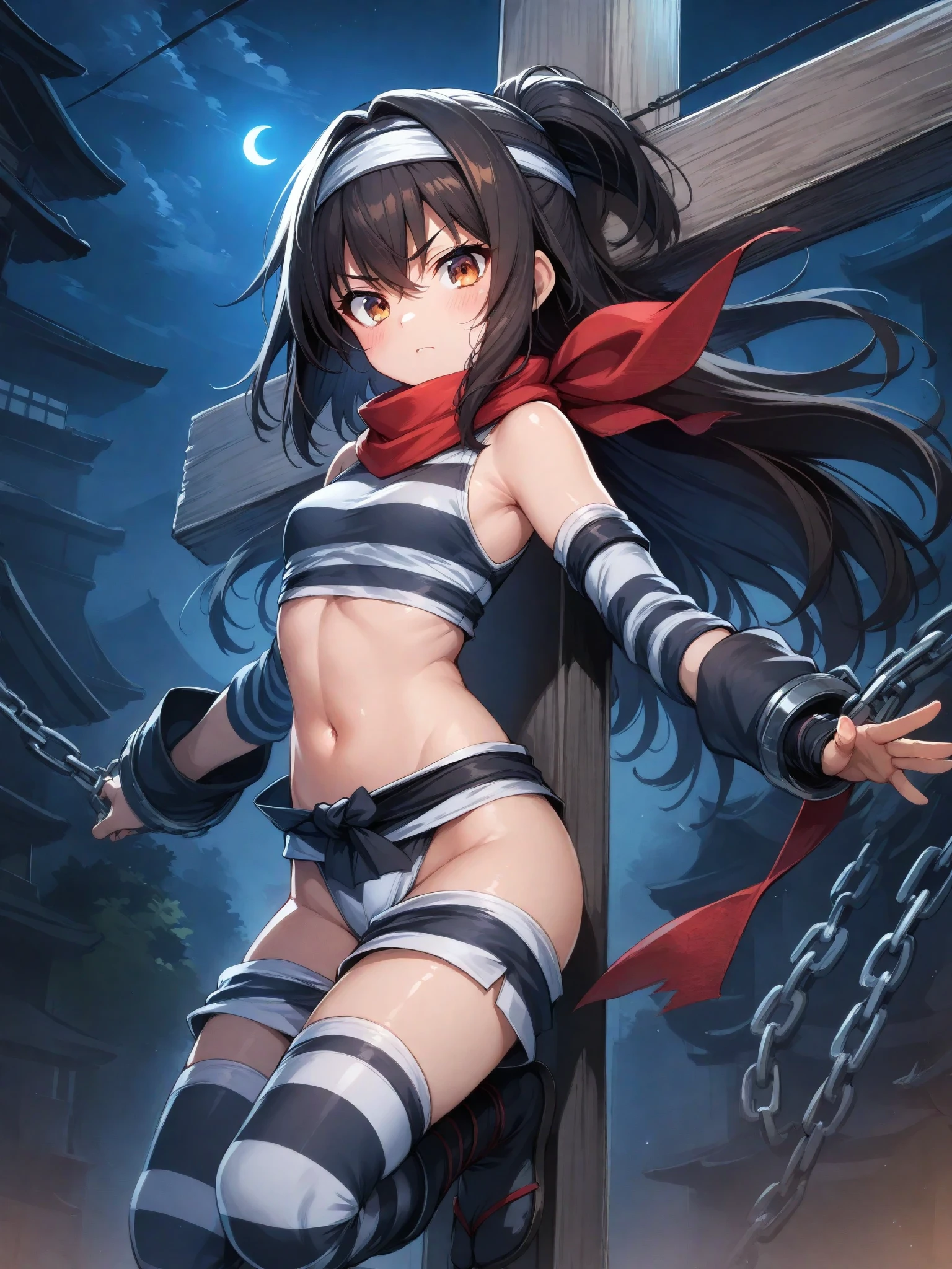NSFW, 4k, masterpiece, high detail, best quality, super detail, very detailed, detailed light, best shadow, ((Anime)), blush, drooling, closed mouth, sad, sadness, nervous, ((1girl, solo, asashio_kantaicollection, long hair, black hair)), ((restrained)), looking at viewer, (tied, shibari, tied up with rope:1.5), thighs, (arms behind back, spread legs:1.5), (in stocks pose), crucifixion, above sea level, open sea, splash, splashing, wave, night, full moon