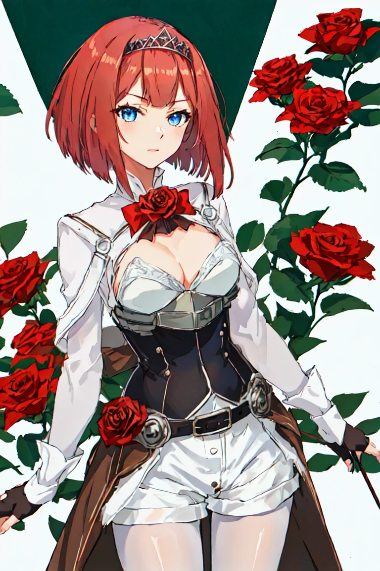 best quality, masterpiece, highres, solo, {ark_royal_kantaicollection:1.15}, red_hair, short_hair, bob_cut, bangs, blue_eyes, hairband, tiara, blunt_bangs, breasts, ribbon, flower, rose, red_flower, red_ribbon