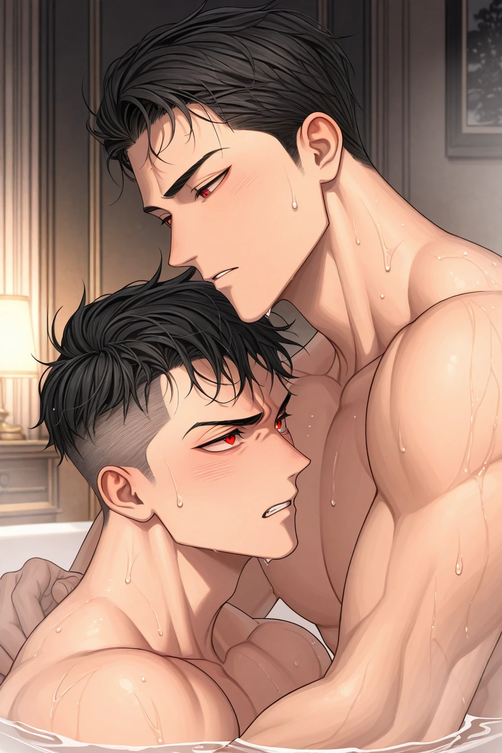 (black hairの男)、(gray hairの男)、Grabbing the chest from behind、Kiss on the head、Completely naked、anal sex、tears、Japanese style room、(Levi Ackerman)、(black eyes)、gray hair、black hair、(((gay)))