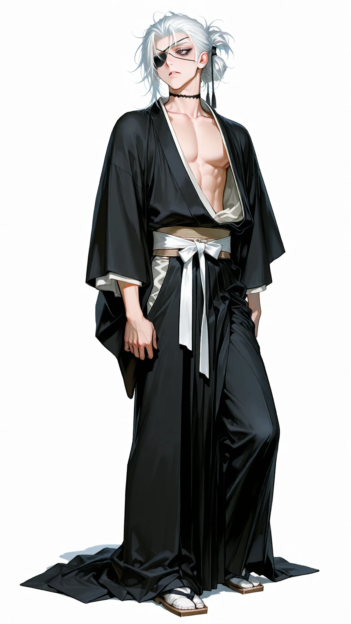 Sexy, handsome and strong male half-naked warrior, Nice face, Delicious Company, Charming figure, Wearing a sexy open kimono with armor. the artwork is created in a medium reminiscent of japanese ink painting....., 具有大胆的笔触和Monochromatic color palette. The artist's masterful technique reveals the intensity and power and presence of the image,with the highest quality, Perfectly capture every detail with ultra-high resolution. Textures and intricate patterns on armor and kimonos are rendered with extreme precision. Lighting is carefully designed,Enhance the drama, Features deep shadows and subtle highlights. General, Artwork exudes elegance and power, Combining Japanese traditional aesthetics with modernity. Monochromatic color palette, Combine details, Create captivating and immersive experiences for your audience.