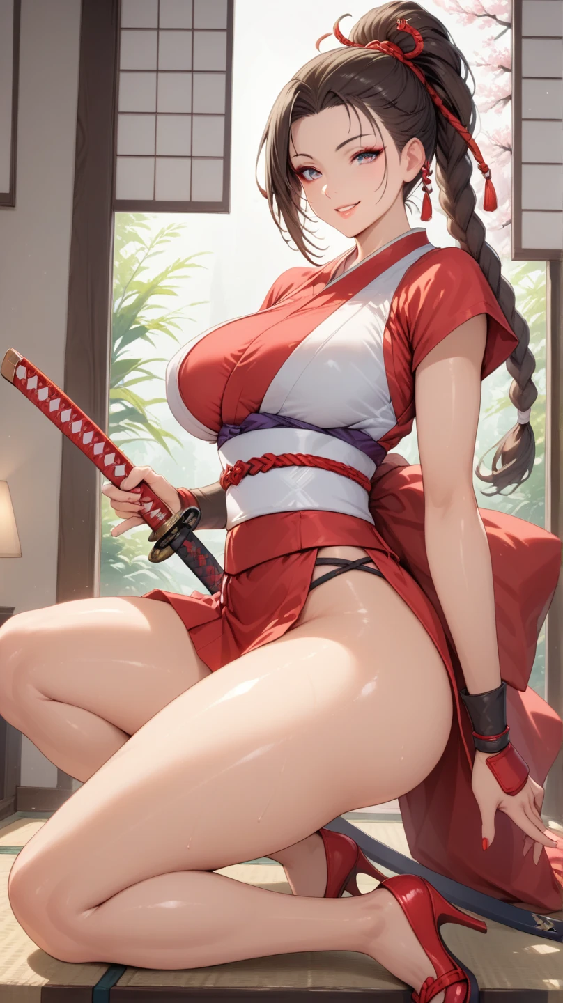 ((High Kick:1.4))、((attack posture:1.4))、((8k)), ((32K)), ((Highest quality)), ((masterpiece)), ((超High resolution)), ((Tmasterpiece)), (((head shot:1.6)))、((8k)), ((32K)), ((Highest quality)), ((masterpiece)), ((超High resolution)), Fine skin、女性1 person、Red dress, Sleeveless, The usual, ((Mai Shiranui:1.2)), Expose your shoulders、魅惑的なsmile、Brown Hair, Brown eyes, Long and high ponytail, hair band, 1 person、Age 25, Japanese Mature, beautiful指, beautiful長い脚, beautiful体, beautiful鼻, beautifulキャラクターデザイン, Perfect Eyes, Perfect Face, jewelry, See through, smile、hair ornaments, king of fighters,((With a big handheld fan:1.6))、
(Tabletop, Highest qualityの, Highest quality, beautifully、beautiful: 1.2), Very detailed, More detailed,適切な体のProfessionalポーション,Tabletop,Ultra-high quality output images,High resolution,Intricate details,Very delicate and beautiful hair,Realistic photos,dream-like,Professionalの照明,Realistic Shadows,Focus Only,
(Big Breasts:1.2,) , フローティングスカートFine skinの質感, High quality fabric, High quality metallic texture、((Beautiful and dense face))、RAW Photos、Professional, Ultra-fine painting, ((alone)), beautiful胸、Highest quality, Very detailed, Very detailed詳細, Finer details, so beautiful,(Five Fingers, Four fingers and thumb),Concept Art, Anime fantasy artwork, Detailed fantasy art,8KHigh resolution, Detailed Art, 8 Slim legs, Defined, Defined fingers