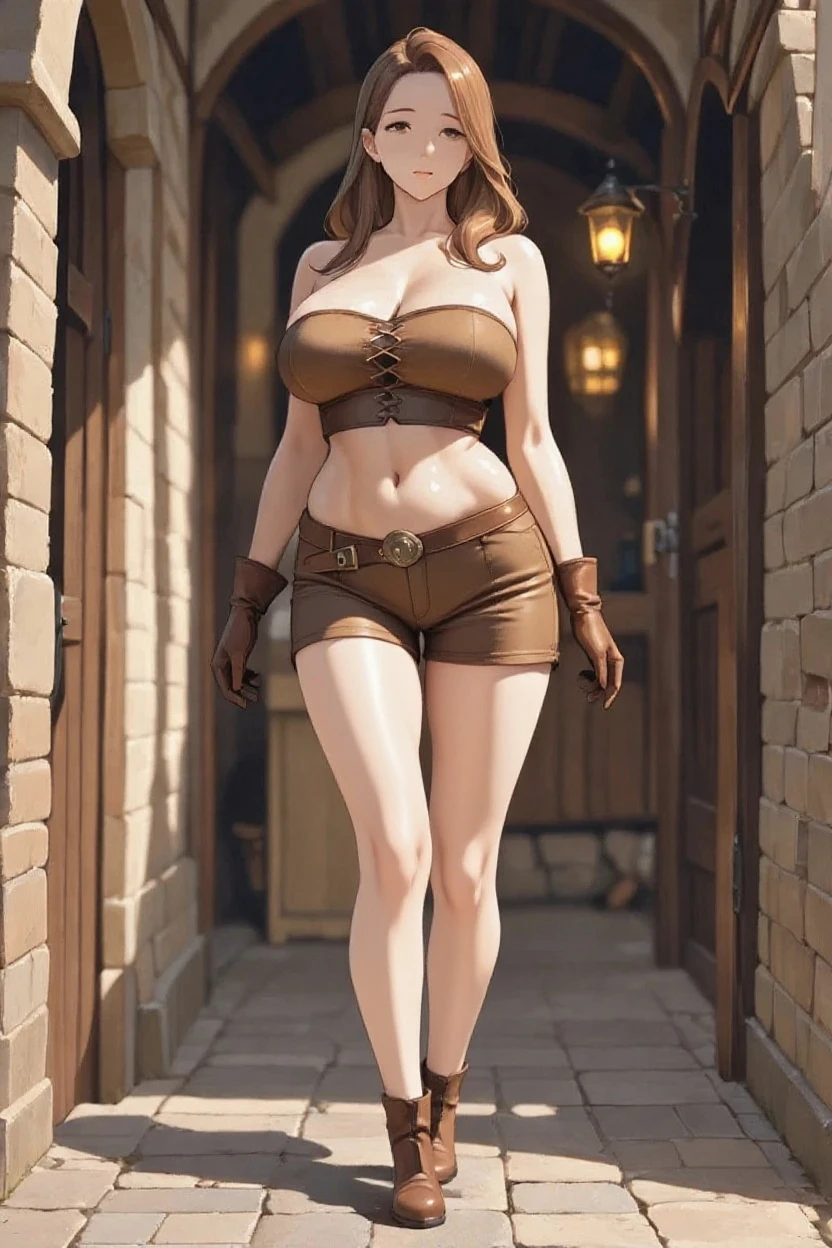 (Masterpiece, best quality, intricate details, 1sologirl) iron collar, arms behind back, iron cuffs, shackles, bound ((standing by wooden pole:1.2)) looking from above happy closed mouth, yellow tiger bikini