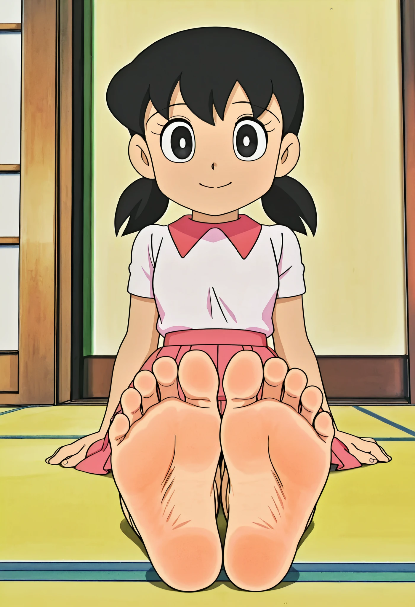 anime screencap, best quality, absurd res, ultra detailed, perfect eyes, detailed eyes, detailed face, detailed background, score_9, score_8_up, score_7_up, source_anime, prefect lighting, very aesthetic, intricate details, highly detailed background, high quality, prefect hands, retro anime style, 1girl, looking at viewer, smile, indoors, japanese room, sitting on the floor, Minamoto Shizuka , black hair , pink skirt, pleated skirt, black eyes , twintails , white shirt, short sleeves, foot focus, barefoot, foot, toes, soles, foot wrinkles, highly detailed soles, each foot has exactly five soles, showing her soles to the viewer,