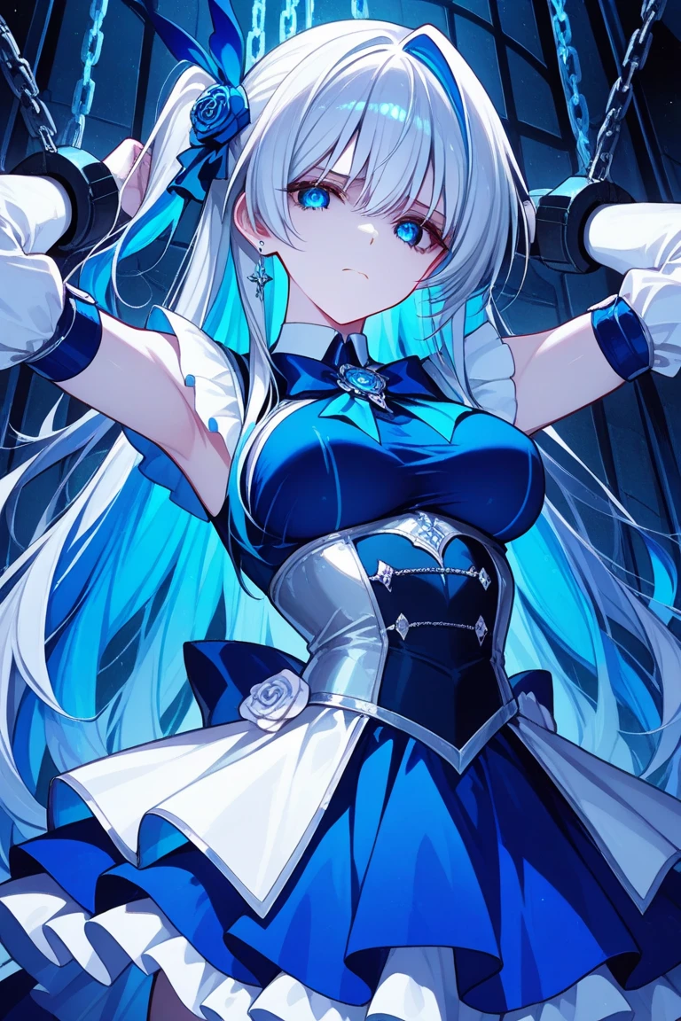 Light blue double ponytail,Girl with pink eyes,A broken halo of crystal blue,The girl wears white off-the-shoulder short sleeves and a black coat,The black coat falls off under the shoulders,black lence stockings,Hold your hands in front of your chest,Very painful expression,A sticker with a heart on his face,The whole picture has the feeling of a girl falling down,Hair, clothes, etc. should also feel like they are falling,huge tit