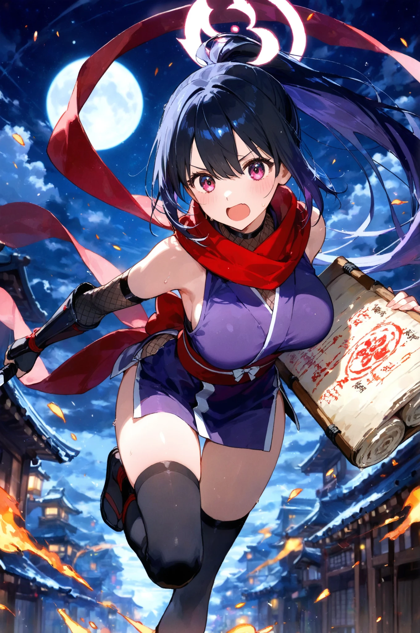 girl,ninja,moonlight,roof,midriff,thighs,ethereal,mysterious,night,light and shadow,graceful,stealthy,sleek,pose,reflection,darkness,peaceful,serene,silhouette,blades,samurai,quiet,starlit sky,silvery glow,silhouetted trees,dreamlike,determined,wisps of clouds,nighttime ambiance,secrets,lithe movements,mystical,awakening powers,hidden in shadows,moonlit path,crescent moon,tranquil,ancient rooftops,swordsmanship,cool breeze,calm demeanor,silence,breathless moments,unseen protector,swirling mist,secrets of the night,soft moonlight,mysterious aura,majestic stance,ninja attire,subtlety,precision,shimmering katana,poised for action,graceful leaps,roof tiles,movement in the darkness,courtyard,moonlit garden,moonlight filtering through the leaves,strong and agile,midnight rendezvous,unseen danger,calm before the storm